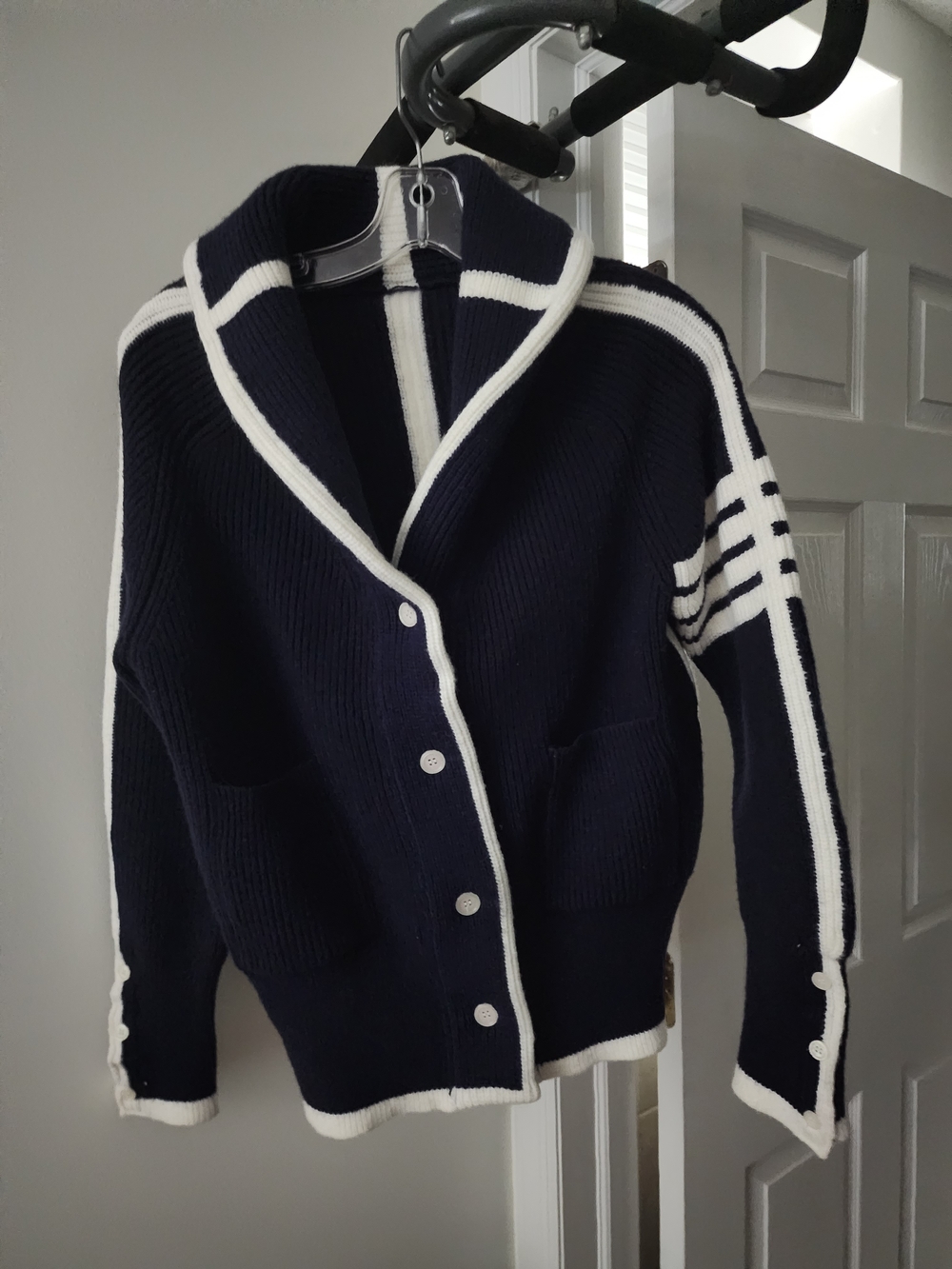 Navy and White Shawl-Collar Button Cardigan
